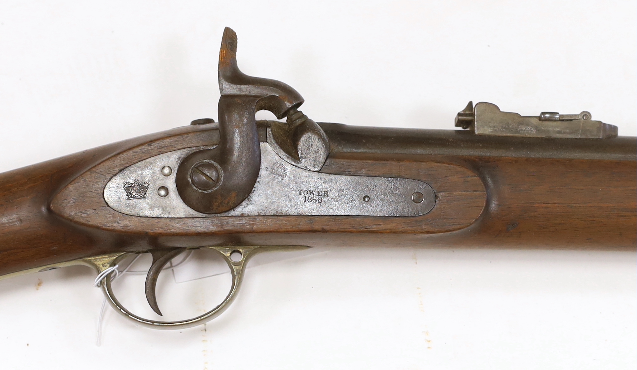 A .577 inch three band Enfield Military percussion rifle, lock stamped Tower 1868 with crown entail
